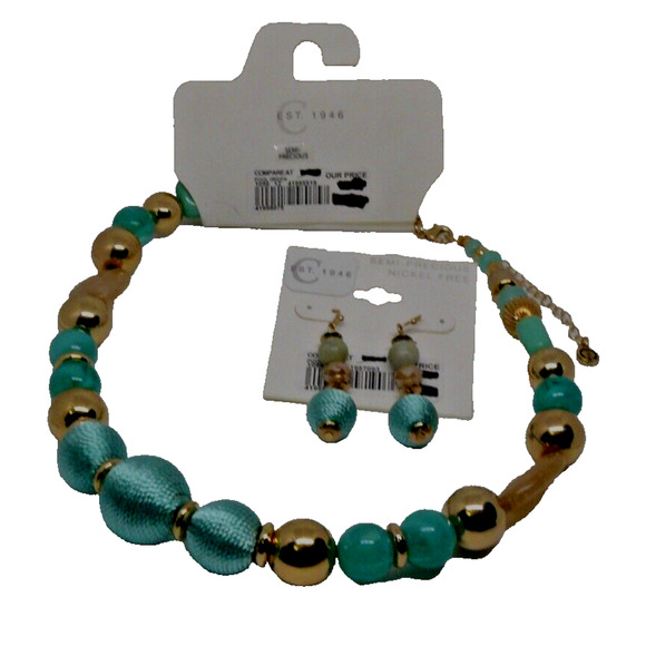 C EST 1946 Semiprecious Necklace Earrings Turquoise Color Gold Tone Rose Qtz VTG - Picture 2 of 3